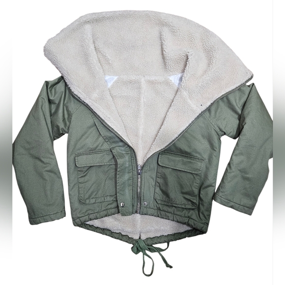 UNIF Mia Green Crop Sherpa Parker Jacket Small - Picture 2 of 8